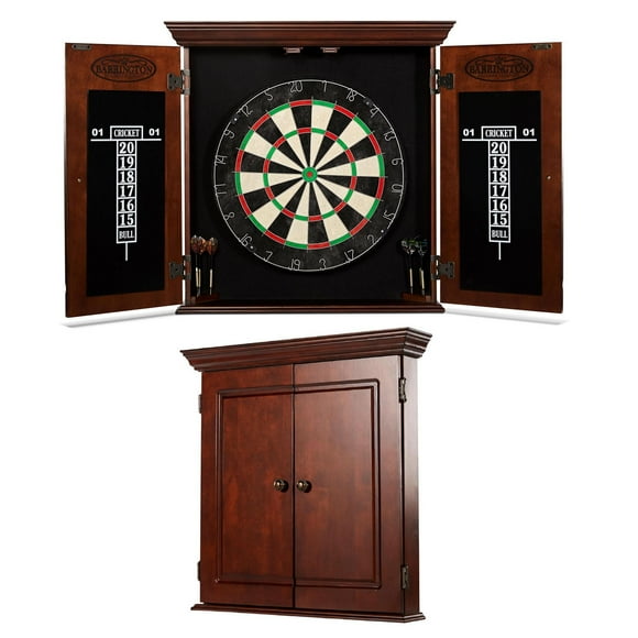 Barrington Billiards Chatham Wood Dartboard Cabinet With 18” Bristle Dartboard And Steel Tip Dart Set