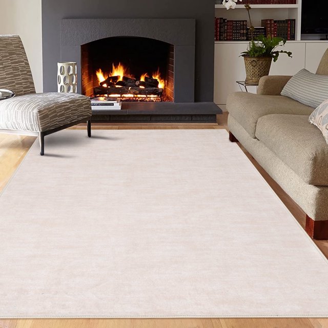 GlowSol 8x10 Solid Area Rug Soft Low-Pile Non-Slip Modern Machine Washable Area Rug Indoor Carpet for Living Room Bedroom Kids Room, Beige