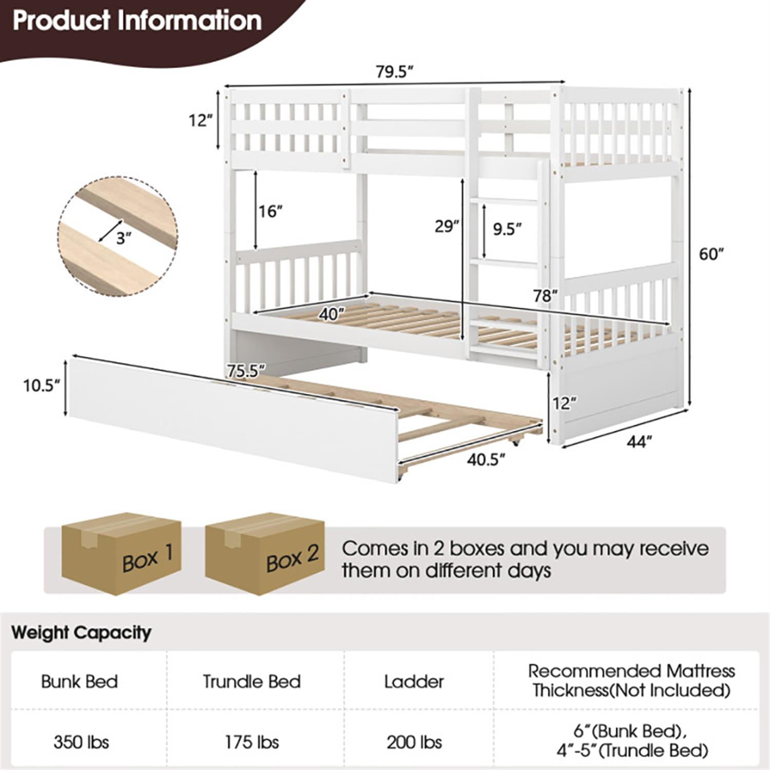 Demi Bonn Twin Pull-Out Bunk Beds with Ladder in the Steps and a Trundle, Twin Over Twin Bunk Bed Platform, White