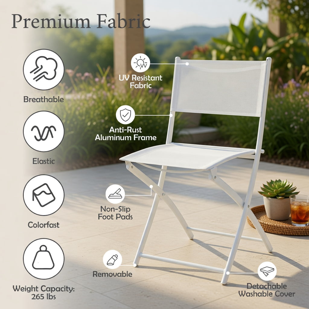 Hommoo 3-Piece Foldable Outdoor Bistro Set, 2 Chairs + Glass Top Coffee Table for Balcony, Patio & Garden, White