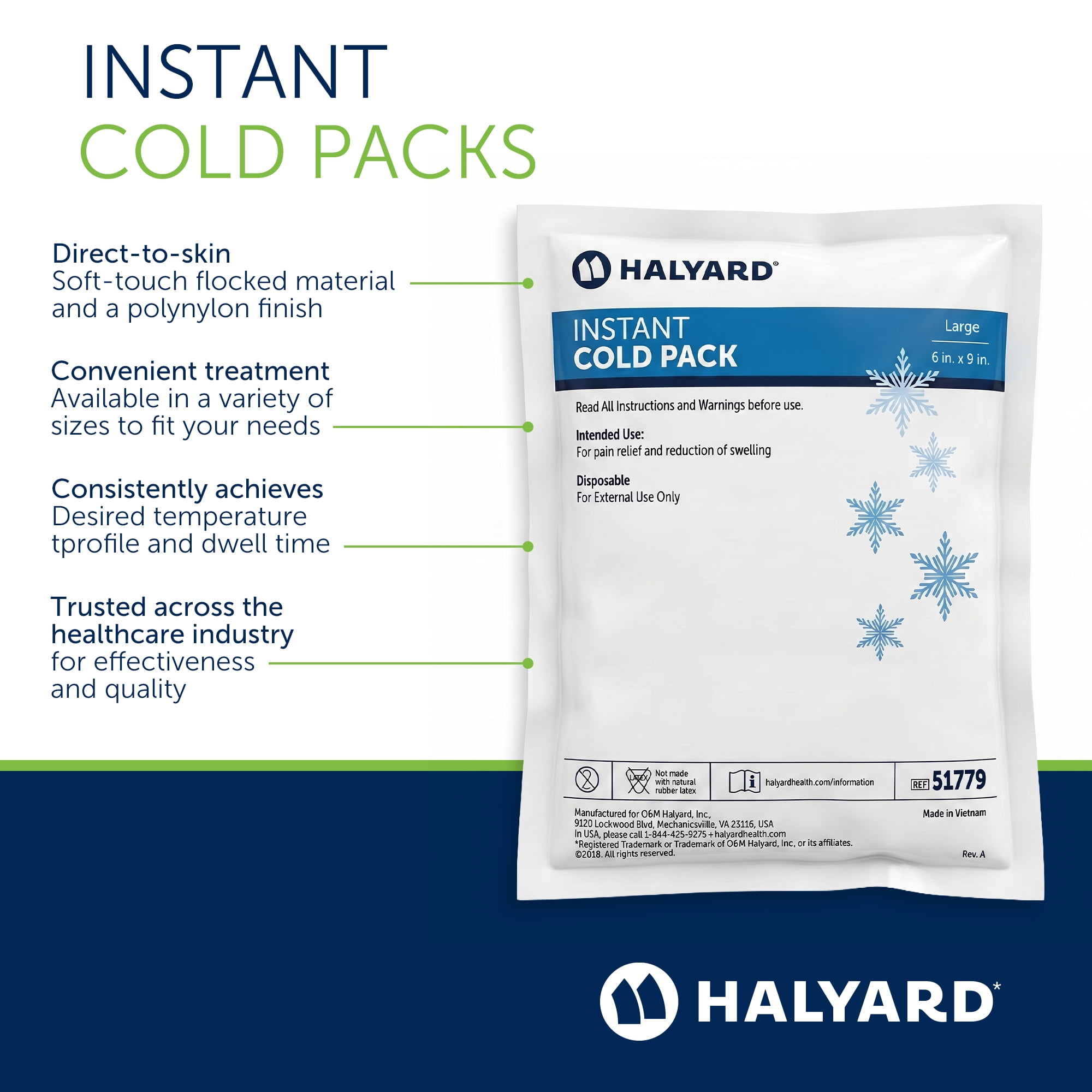 HALYARD Instant Cold Pack Disposable Cold Compress Ice Packs for Swelling Injuries Toothaches Sprains Strains 6 x 9 Inches, 24 Packs Per Case - 51779