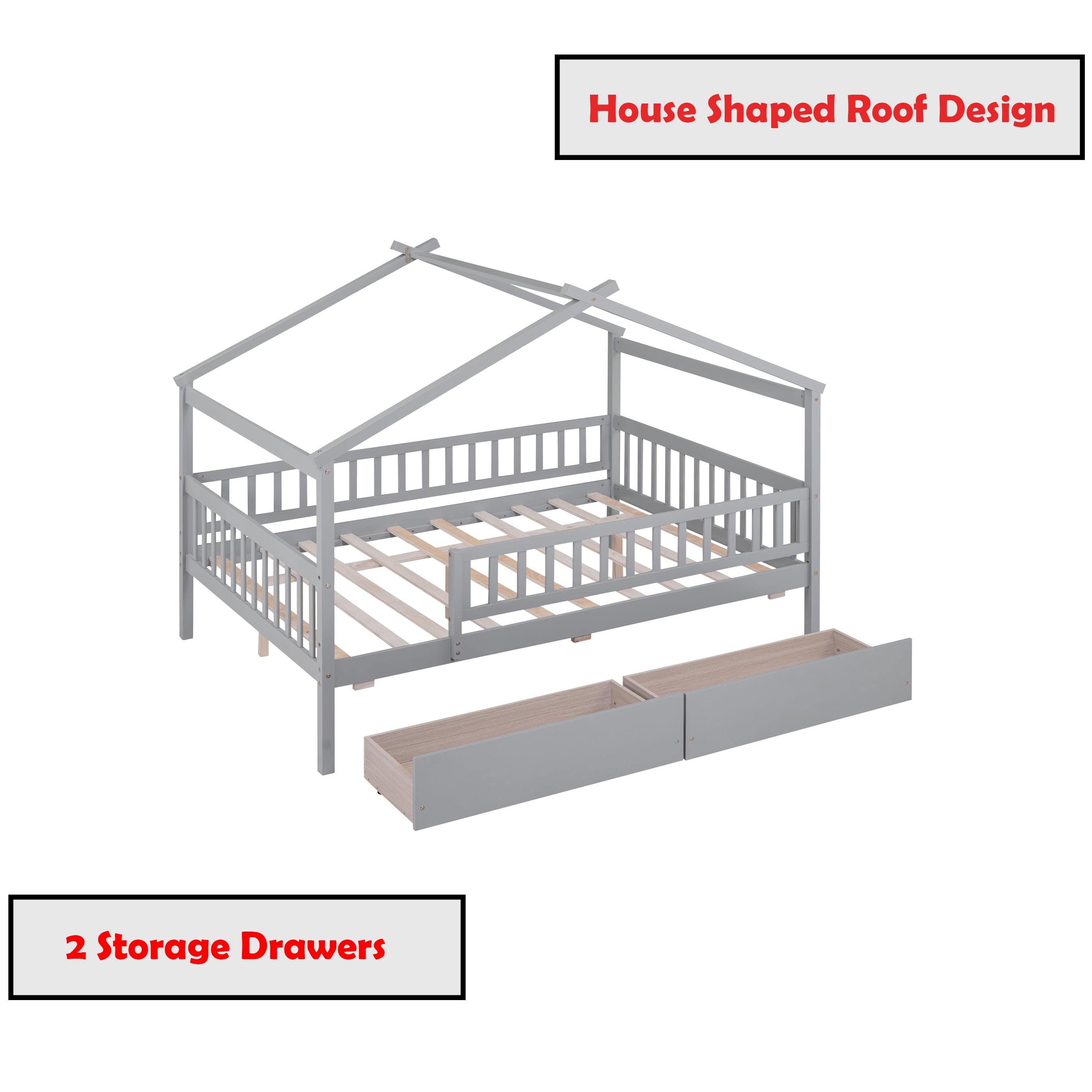 Bellemave Full Size House Bed with Storage Drawers Playhouse Platform Bed Wooden House-shaped Bed Frame with Fence Guardrail and Roof (Full size, Gray)