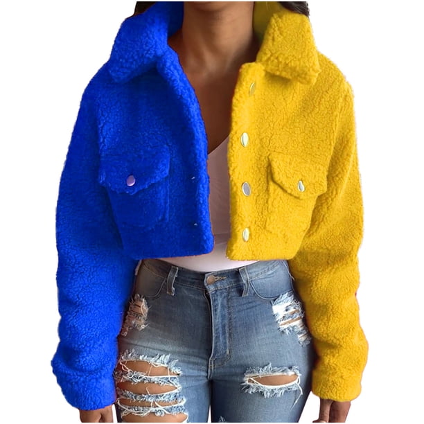 Abrigo corto de lana para mujer, chaqueta cálida de invierno de manga larga con bloques de color, Tops Pompotops qwe16939