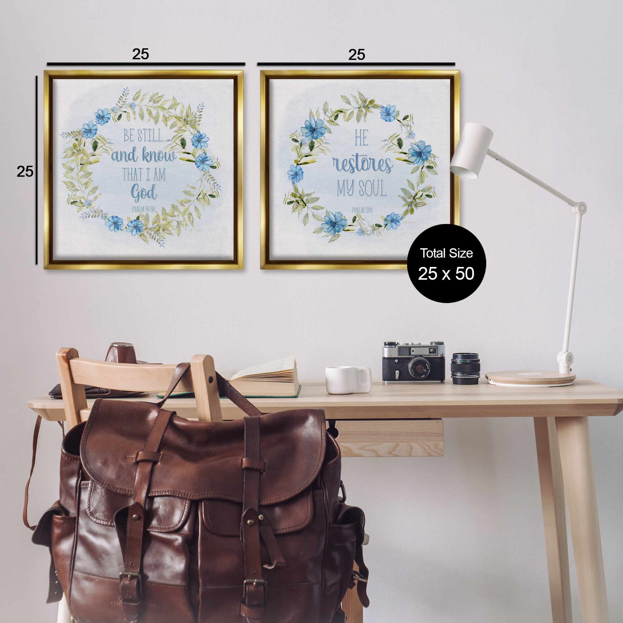 Stupell Industries Be Still Restores Psalm Religious & Spiritual Painting Gold Floater Framed Canvas Art Print Wall Art, 25 x 25, Set of 2