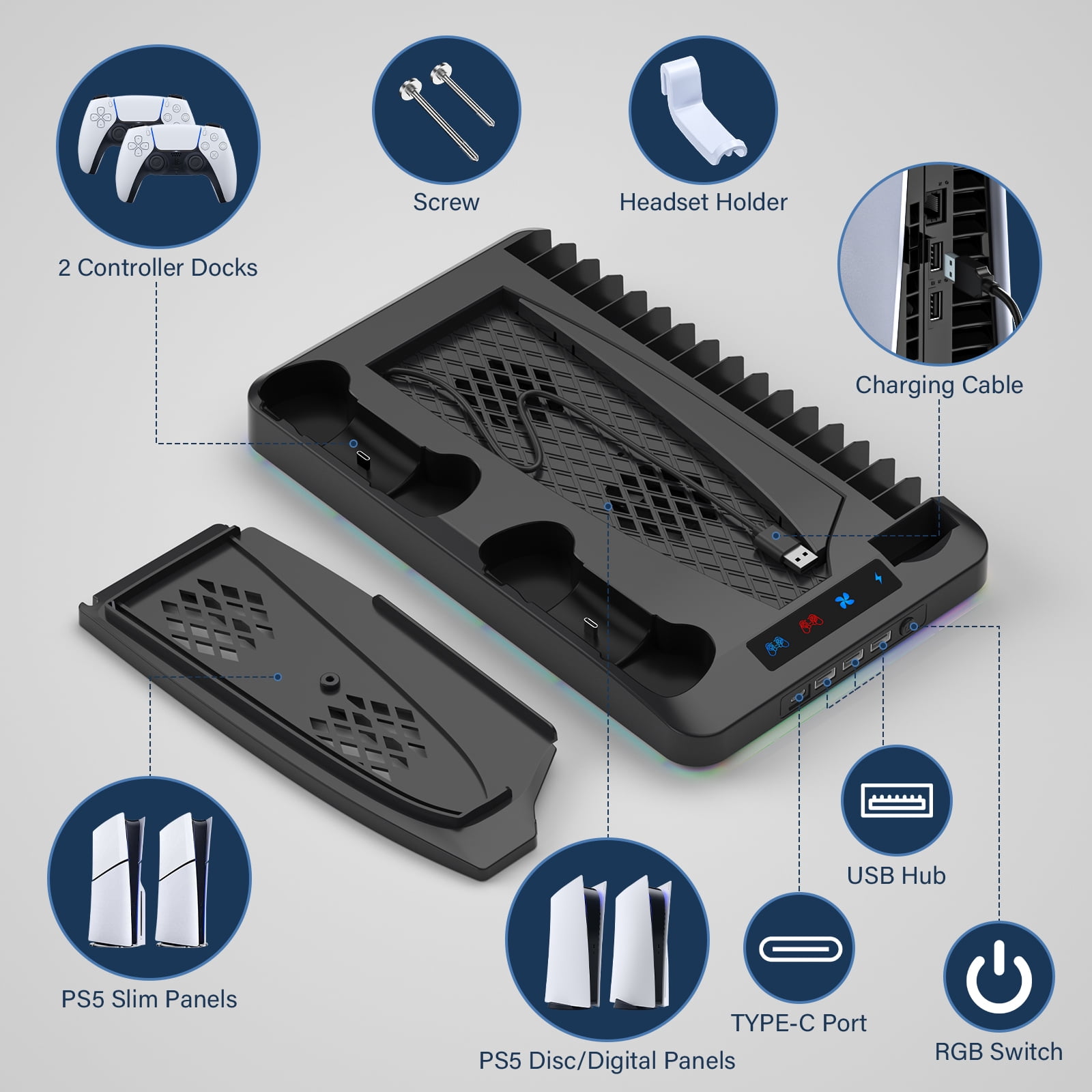 PS5 Stand with Cooling Fan,PS5/PS5 Slim Stand and Cooling Station with Dual Controller Charging Station for PlayStation 5 Console,Controller Charger, Cooling Fan, Headset Holder, 3 USB Hub, Black