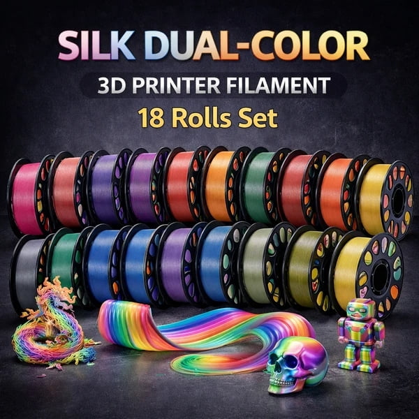 18 Rolls Dual Color Silk PLA Filament Set, 1.75mm Glossy Shiny Co-Extrusion 3D Printer Filament for Art & Decorative Prints