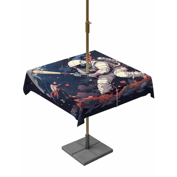 Outdoor Tablecloth with Umbrella Hole, Watercolor Space Man Baseball Sport Zippered Table Cloth for Rectangle Tables, Universe Planet Art Washable Waterproof Tablecloths for Picnic Patio Garden