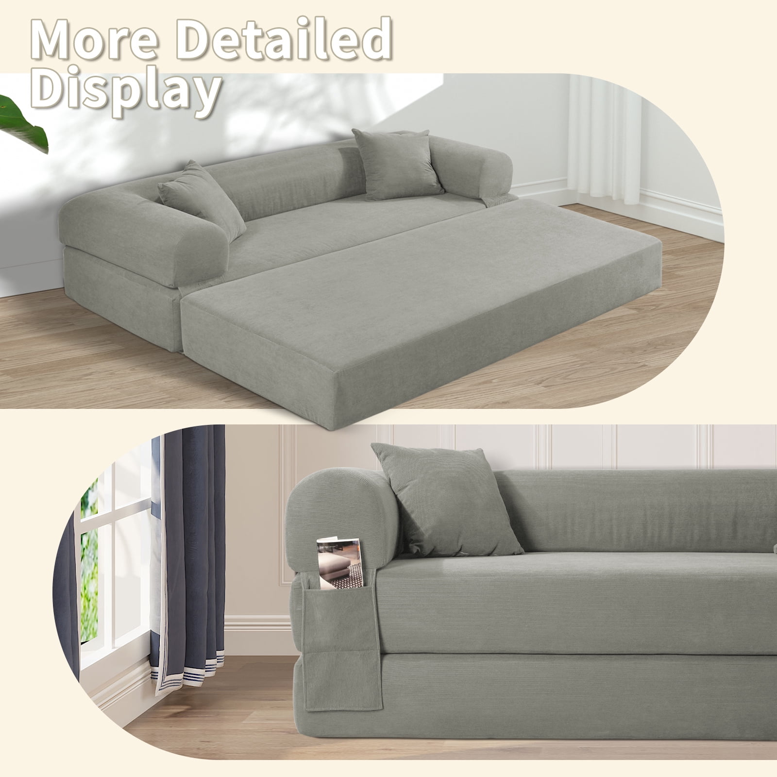 3 in 1 Convertible Sofa Bed, 80" Corduroy Folding Pull Out Couch with 2 Pillows, Floor Sofa with Side Storage for Living Room, No Assembly Modern Boneless Couch Compression Sofa, 35.4"W