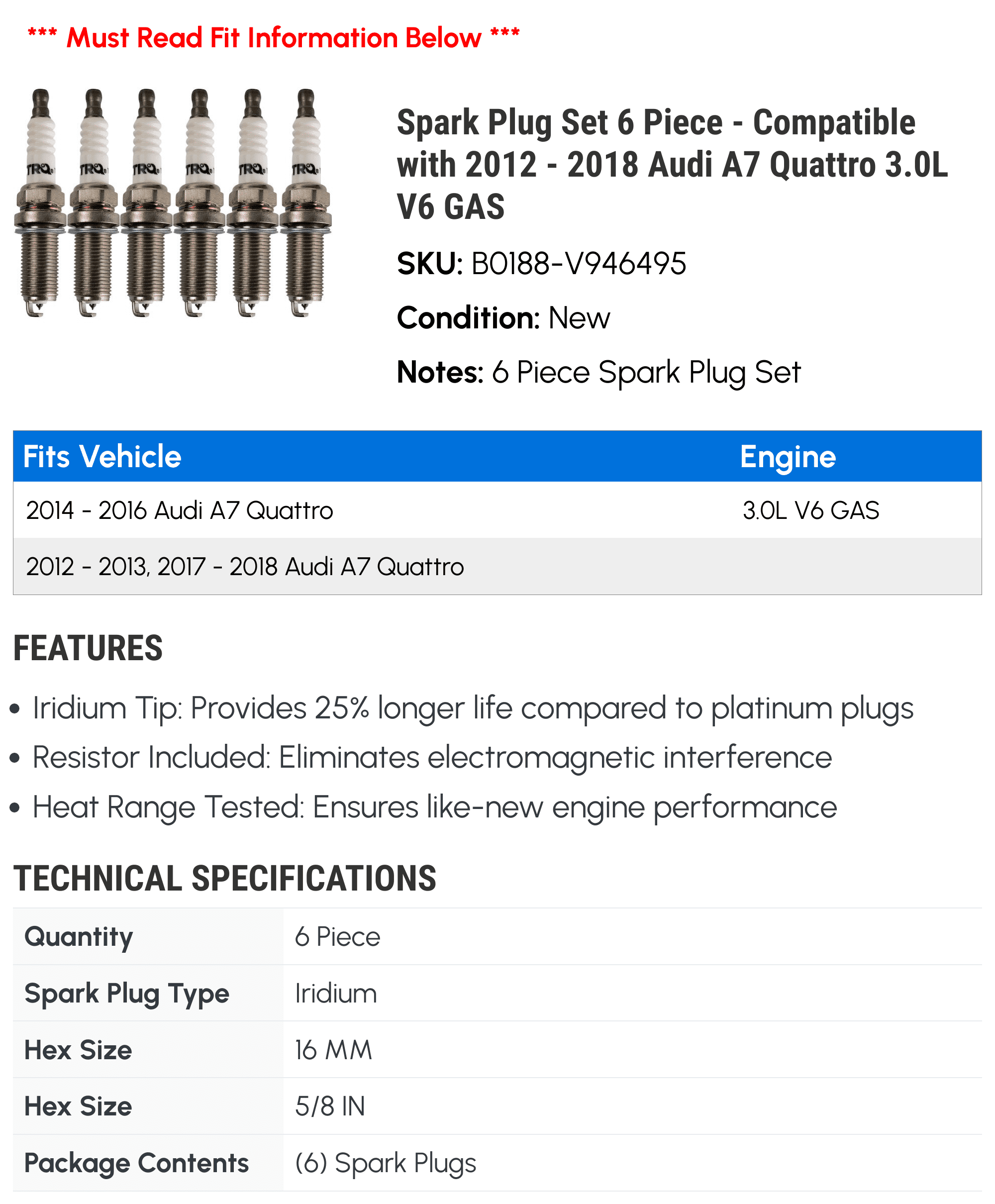 Spark Plug Set 6 Piece - Compatible with 2012 - 2018 Audi A7 Quattro 3.0L V6 GAS 2013 2014 2015 2016 2017