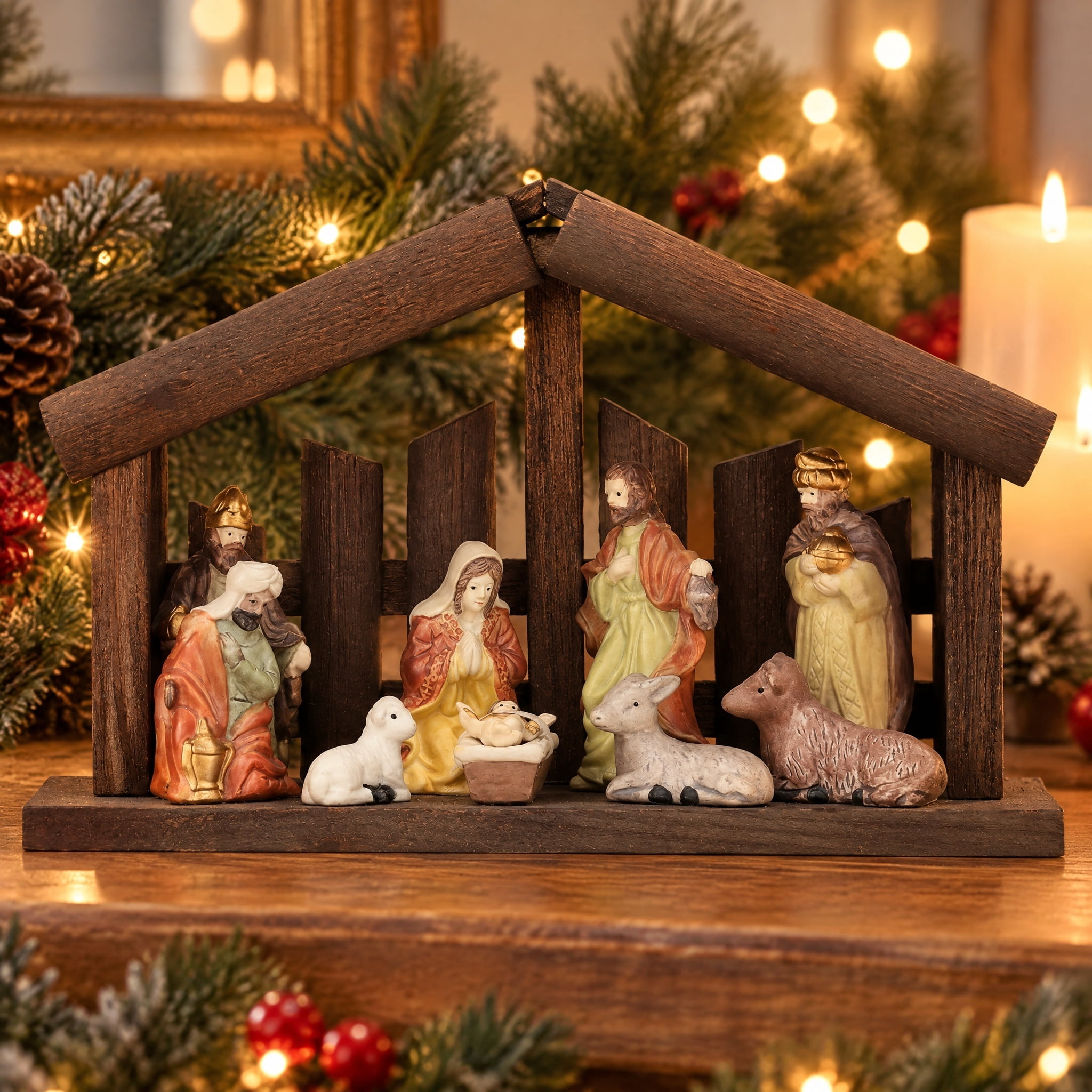 Porcelain Tabletop  Indoor Nativity Scene Christmas Decoration, 11" x 7", 11 Pieces, by Holiday Time