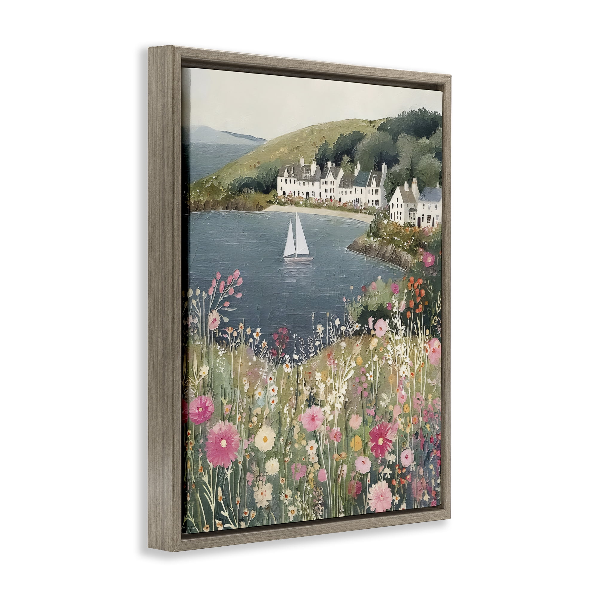 Stupell Industries Clifftop Meadow & Sailboat Brown Framed Floater Canvas Wall Art, design by Riley B