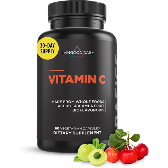 Livingood Daily Vitamin C Supplement, 3-in-1 Whole Food-Based Vitamin C with Acerola & Amla Fruit Extracts and Citrus Bioflavonoids for Immune Support, Vegan, Gluten Free, Non GMO, 60 Capsules