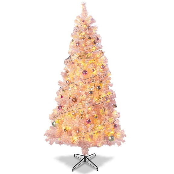 Erivess 7 FT Pre-lit Artificial Christmas Tree, Snow Flocked Xmas Tree with 250 LED Light Beads, 174 FT String Lights, 1200 Branch Tips, Metal Hinges & Foldable Base(Pink)