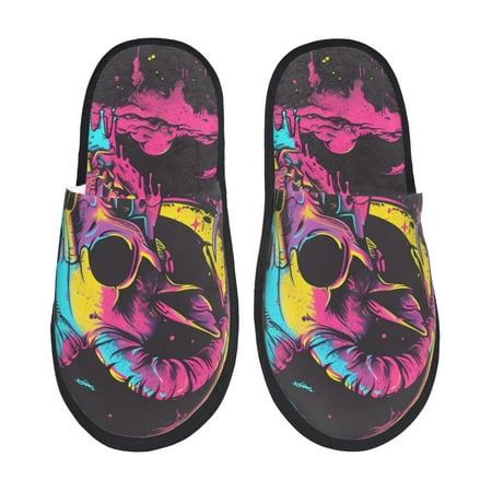 

Honeii Neon Gothic Skull Moon Print Furry Slippers Bedroom Slippers for Women and Men Fuzzy Plush Comfy Faux Fur Lined Slide Shoes -Large