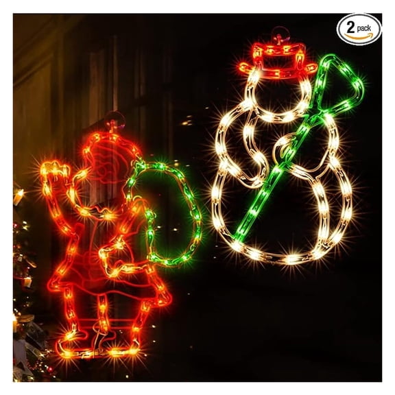 Christmas Window Lights - Snowman & Santa Holiday Decorations, 2 Pack Multicolor Indoor/Outdoor Lighted Display for Home, Party, Garden