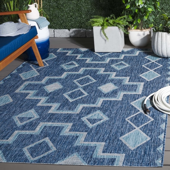 SAFAVIEH Courtyard Floella Geometric Indoor/Outdoor Area Rug, 4' x 5'7", Navy/Aqua