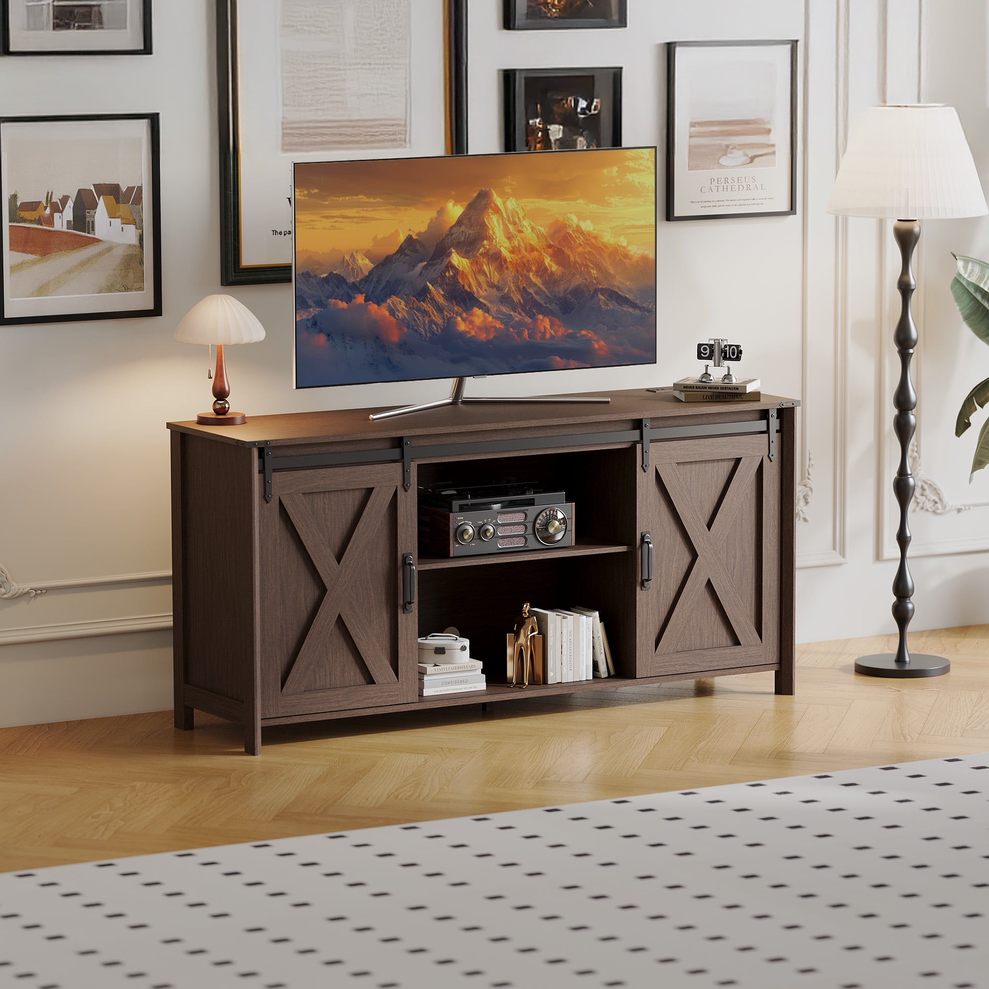 Innovar Farmhouse TV Stand with Power Outlet for TV up to 65", Rustic Entertainment Center W/ Sliding Barn Door & Cabinet, Media TV Console Table with Adjustable Shelve for Living Room, Walnut