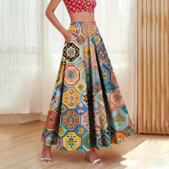 ClodeEU Printed High Waist Long Boho Skirts for Women , Elastic Waist A-Line Maxi Skirt with Pockets and Ruffle Hem Dark Gray,Womens Plus XXXL