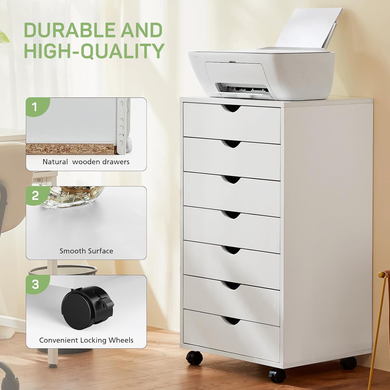 7-Drawer Wood File Cabinet with Wheels, Rolling Storage Organizer for Home Office, 18.74"W x 15.75"D x 34.25"H