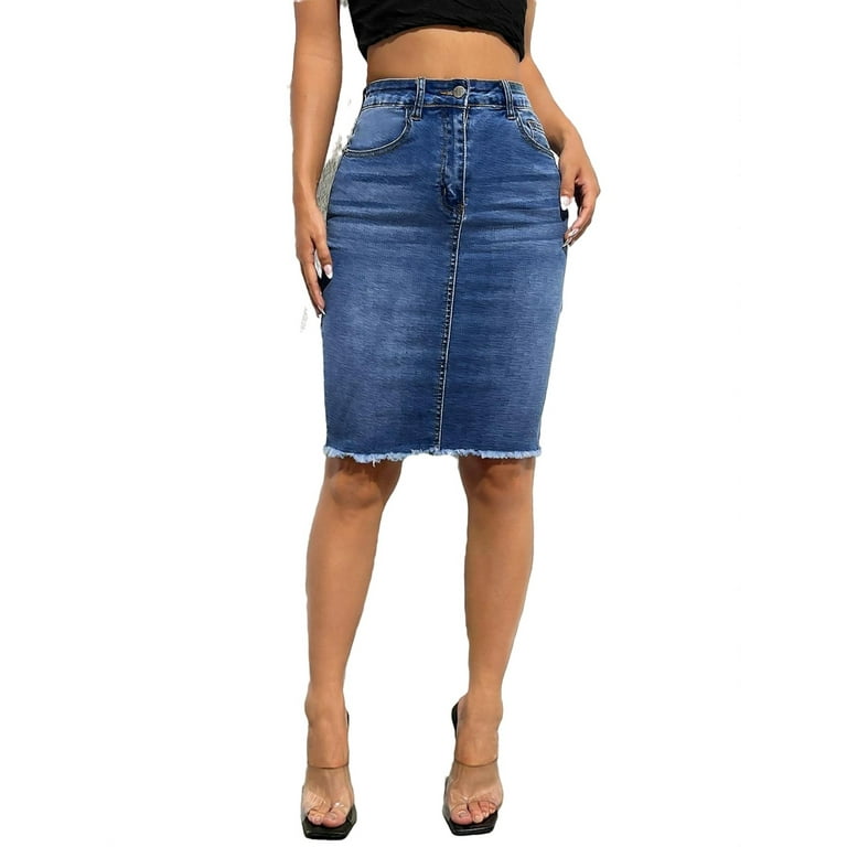 Women s Plain Pencil Medium Wash Denim Skirts XS 2 Walmart