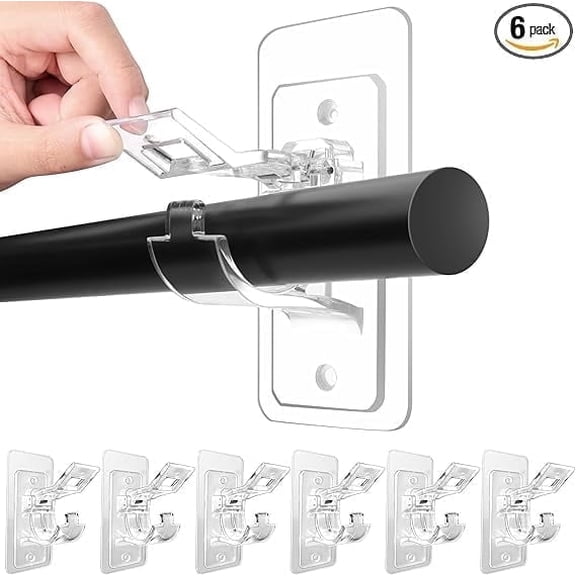 6-Pack No Drill Needed Curtain Rod Holders, Self Adhesive Rod Brackets, Multipurpose Nail Free Stick on Curtain Rod Hooks, Curtain Hangers for Dorm, Bathroom, Bedroom, Livingroom Decor