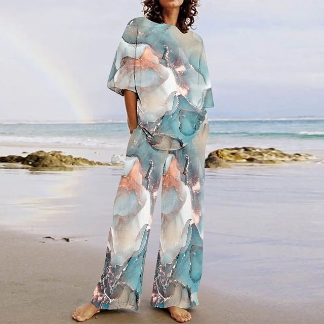 ICHUANYI Clearance Women's Summer Suit Fashion Short Printing Color Trousers Casual Two-Piece Suit(Blue, L) ICHUANYI WER2023081111035