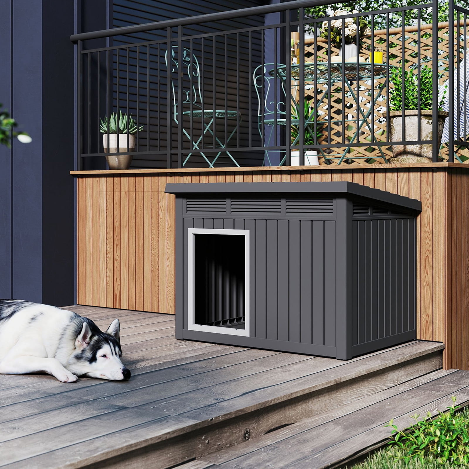 FOMIYES Weatherproof Slanted Top Roof Large Plastic Outdoor Indoor Dog House, Black