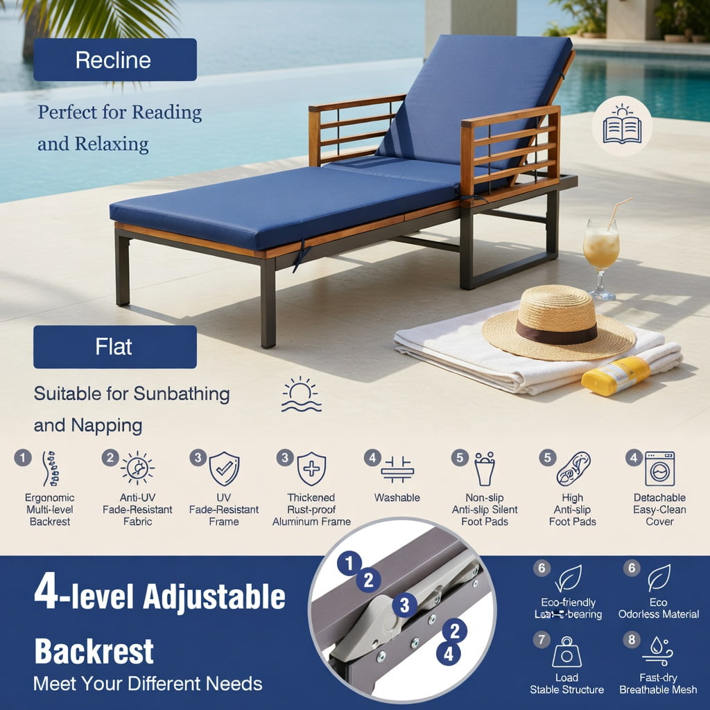 Hommoo Adjustable Outdoor Chaise Lounge Chair with Removable Cushion, Sturdy Acacia Wood & Metal Frame, 4-Position Reclining Backrest for Poolside, Patio, Backyard, Navy