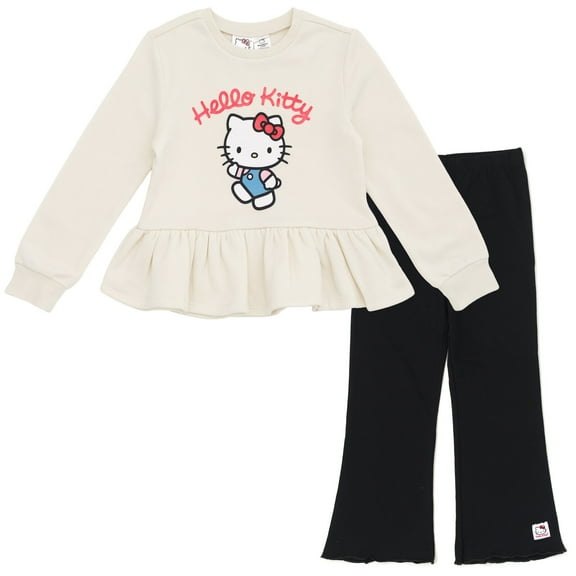 Hello Kitty Fleece Pullover Peplum Sweatshirt and Ribbed Flare Leggings Outfit Set Toddler to Big Kid