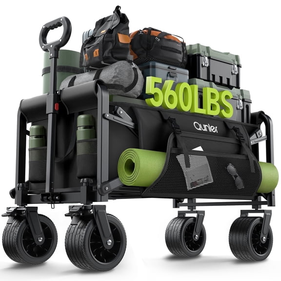 Qunler 560lbs Large Collapsible Folding Wagon with Oversized Tank Wheels, Heavy Duty Big Bucket Utility Garden Cart with Side Pocket for Sports, Shopping, Camping, Kids, Black