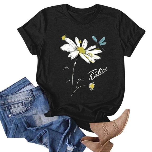 Pxxlle Casual T Shirts for Women Trendy Sunflower Graphic Tees Loose Fitting Short Sleeve Cotton Tshirt Shirts Round Neck Summer Going Out Tshirts (Black S)