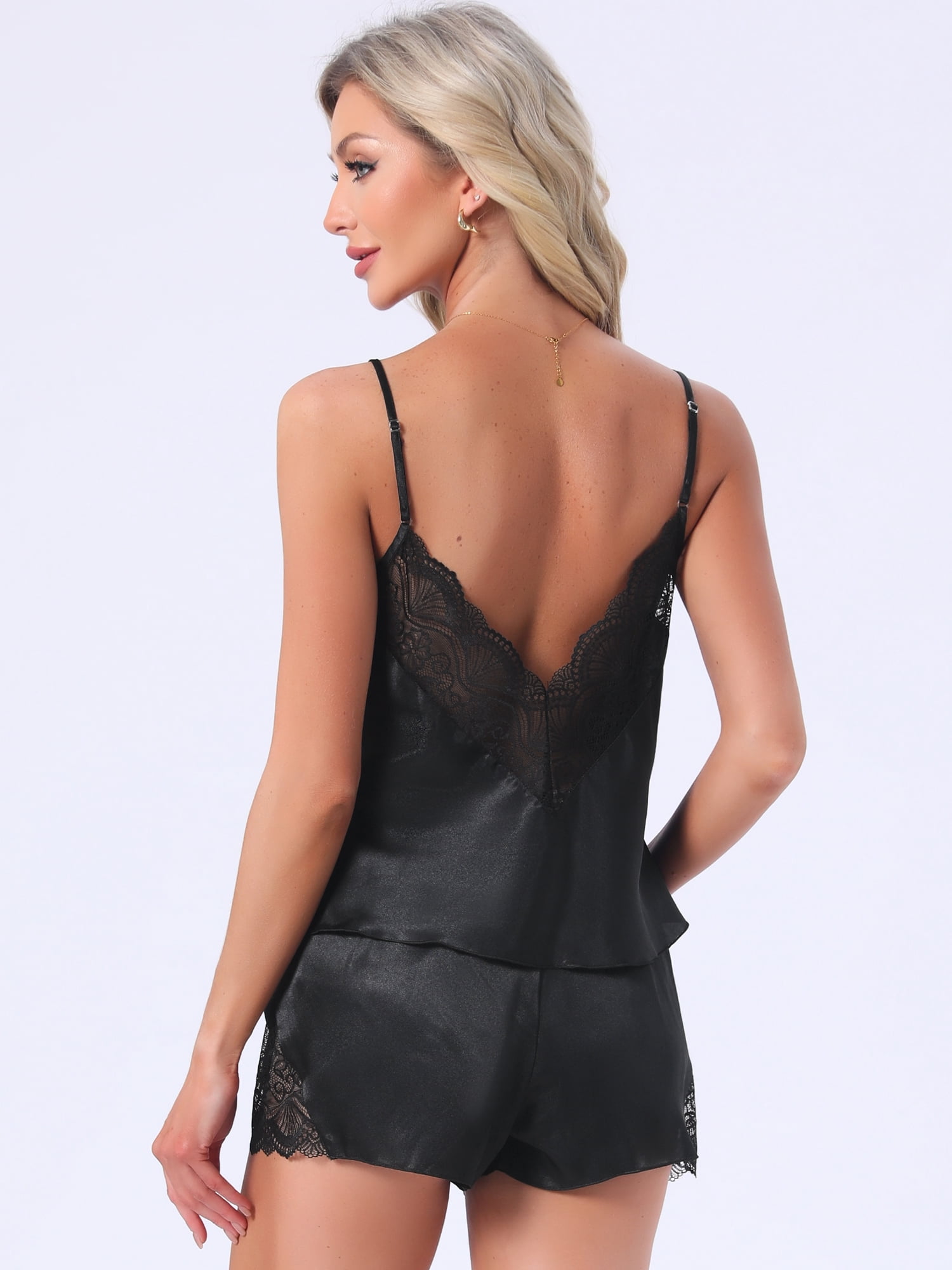 DARING DIVA Women's Satin Pajamas V-Neck Lace Trim Camisole and Shorts Set L Black