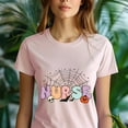 thumbnail image 5 of Cute Nurse Halloween Shirt with Skull Pumpkin Web Design, Heliconia, Size M, 5 of 6