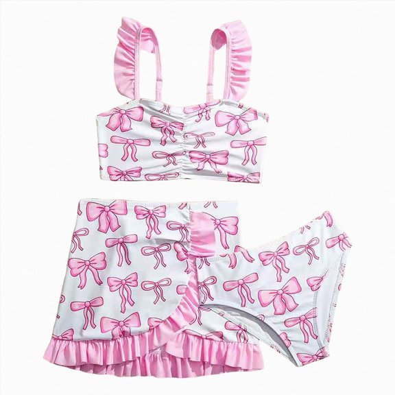 BOBOGOJP Girl's Striped Swimsuits Bow Print Scoop Neck Cute Bathing Suits with Beach Cover Up Skirt Pink for Size 9-10 Years