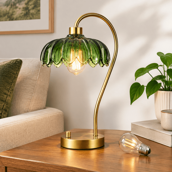 Table Lamp--2 Green Glass Mid Century Modern Dimmable Bedside Nightstand Lamp