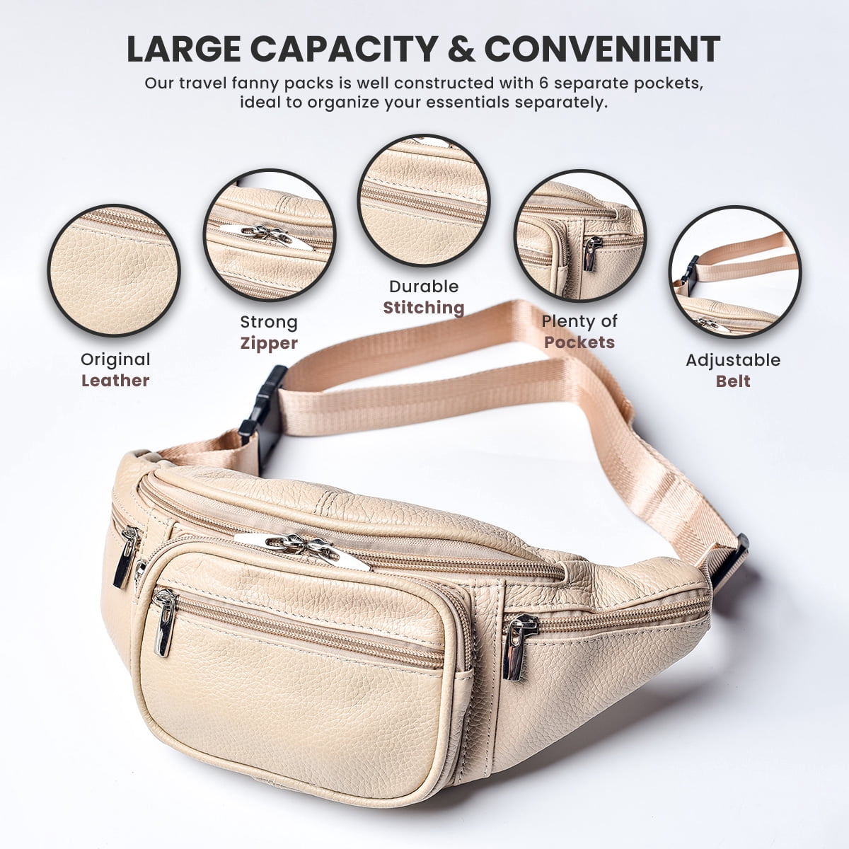 Fanny Pack Leather Waist Bag Hip Belt Zipper Pouch Pocket Travel Sport for Men