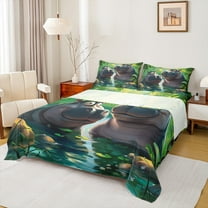 Feelyou Kawaii Hippos Kids Twin Sheet Sets, Cartoon Funny Animal Twin Fitted Sheet, Tropic Palm Plant Flat Sheet, Microfiber Bedroom Decor, 3pcs