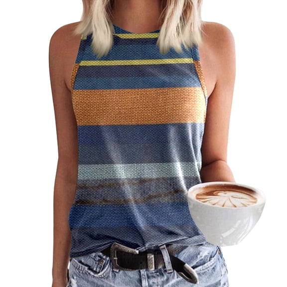 Women's Tanks Crewneck Sleeveless Print Tank Tops for Summer Casual Loose Fit Basic T Shirts Beach Blouse Women’s Apparel Dark Blue XXL