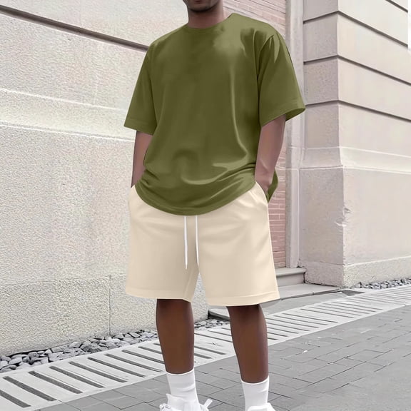 Domuza Men's Summer 2 Piece Outfits Solid Color Short Sleeve T-Shirt Shorts Tracksuit Set Army Green M