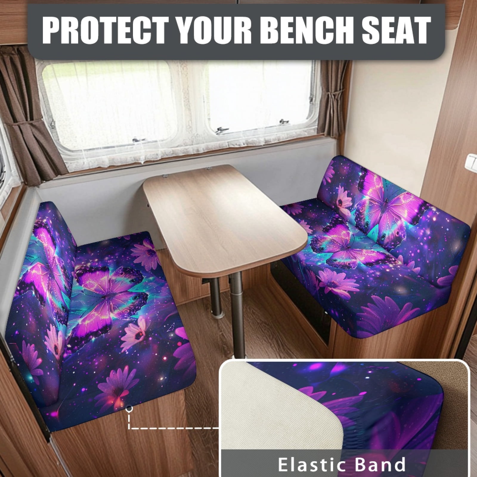 FORUDESIGNS Galaxy Butterfly Daisy Pattern 2 Pieces RV Dinette Cushion Covers Scratch-Resistant RV Couch Cover Waterproof Sofa Furniture Protector Camper Seat Covers Dinette Booth