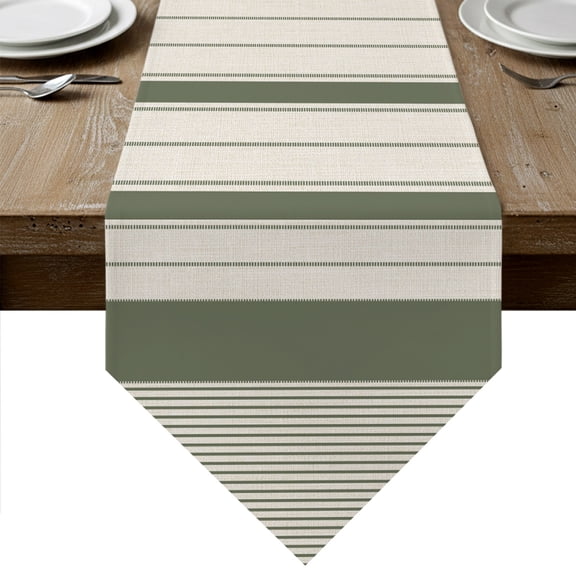 Sage Green Beige Striped Table Runner Linen Burlap Table Runner 90 Inches Long Farmhouse Stripes Cottagecore Dresser Scarves for Kitchen Island Coffee Dining Room Party Holiday Decoration 13"x90"