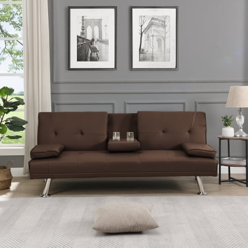 Modern Faux Leather Futon with Cupholders and Pillows, Dark Brown
