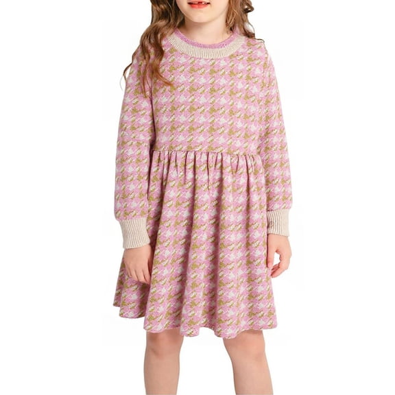LittleSpring Girls Dress with Chiffon Check Round Neck Pullover Knit Sweater Dresses for Kids Fall Clothes Pink 3T