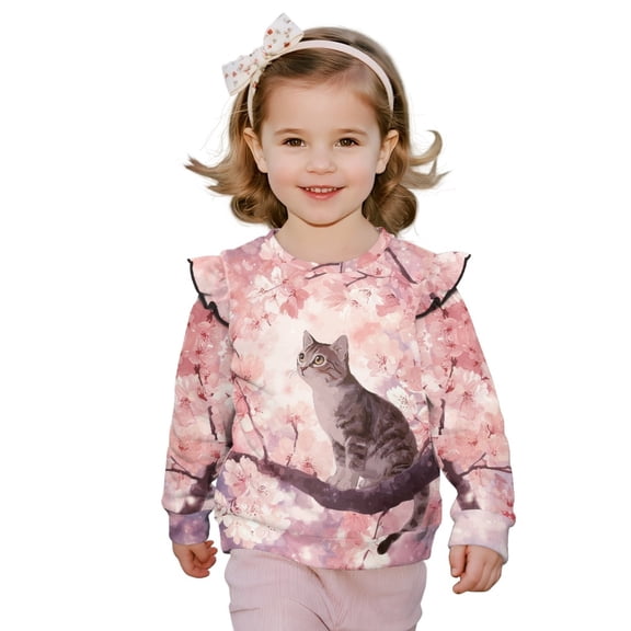 Xoenoiee Cat Cherry Blossom Print Girl's Graphic Shirts Top Long Sleeve Crewneck Sweatshirts Pullover Drop Shoulder Sweater Top for Sport Vacation, Size 1-2 Years