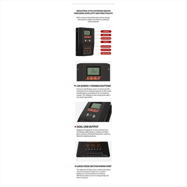 Controlador de Cargador Solar MPPT/PWM Regulador de Panel Solar 100A Pantalla LCD Varios Modos de Control de Carga