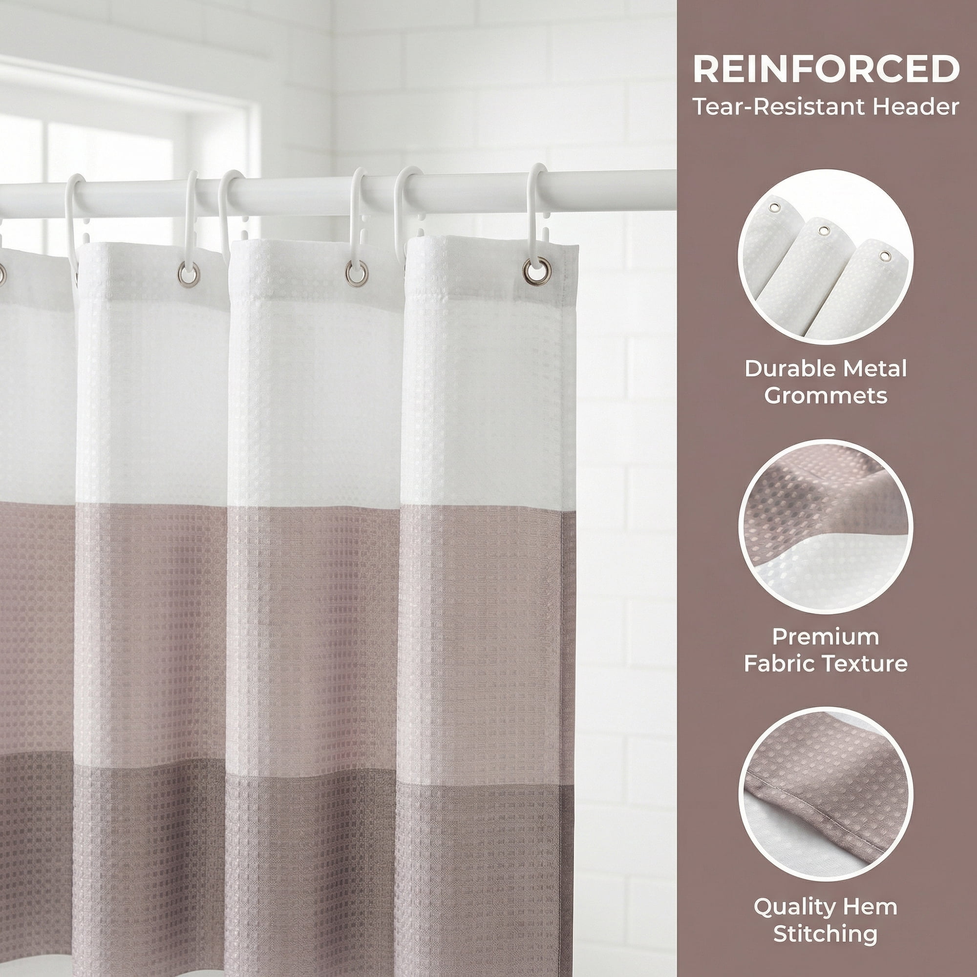 Unique Bargains Waffle Stripe Shower Curtain Sets with 12 Hooks Grey 71"W x 71"L