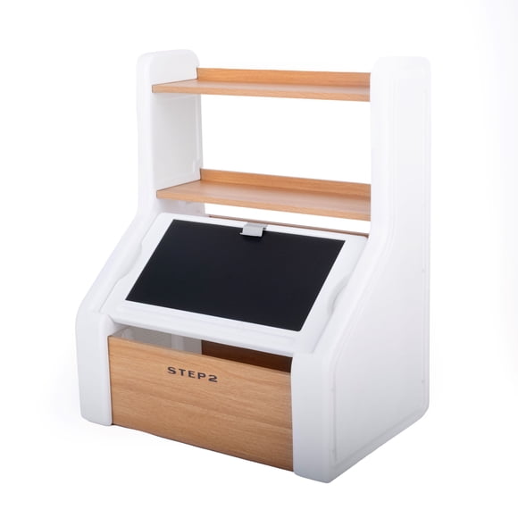 Boîte de rangement de jouets Step2 Harmony, bois et plastique, étagères pour livres, bac de rangement pour jouets avec couvercle ardoise et clip, chevalet et organisateur de jouets en un, blanc