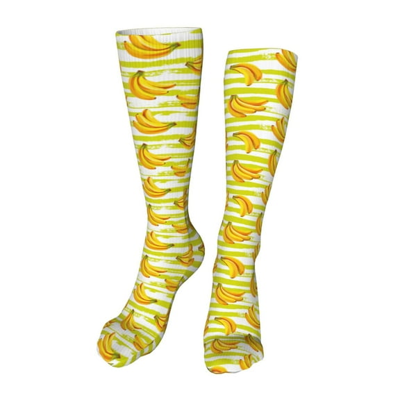 Honeii Bananas On A Striped Print Calf Socks Sports Socks Seamless Toe, Trouser Socks,Knee High Long Socks for Women and Men-One Size