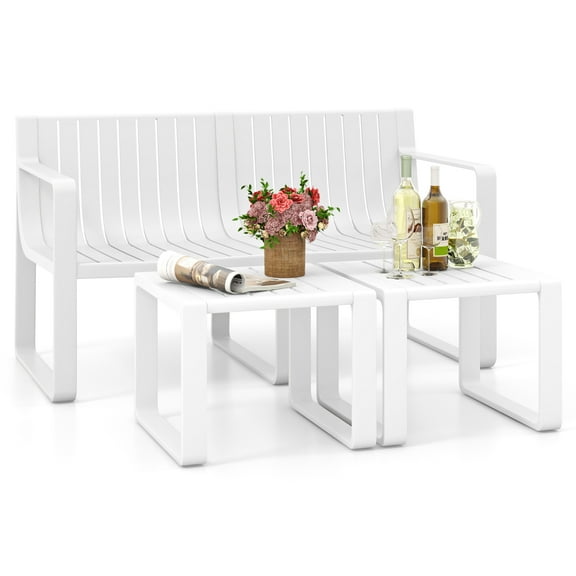 Gymax 3 PCS Patio Furniture Set w/1 Loveseat & 2 Side Tables All-Weather Bistro Set White
