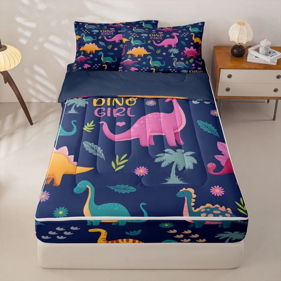 Homewish Colorful Dinosaur Zipper Twin Comforter Sets with Fitted Sheet and 2 Pillowcases,Cartoon Dino Zipper Bedding Set For Boys Kids,Reversible,4-Piece